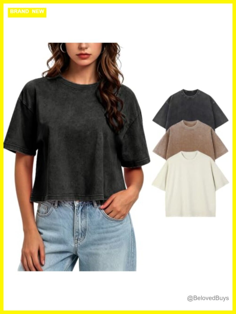 Oversized Cropped T-Shirt 100% Cotton Acid Wash Drop Shoulder Boxy Tee